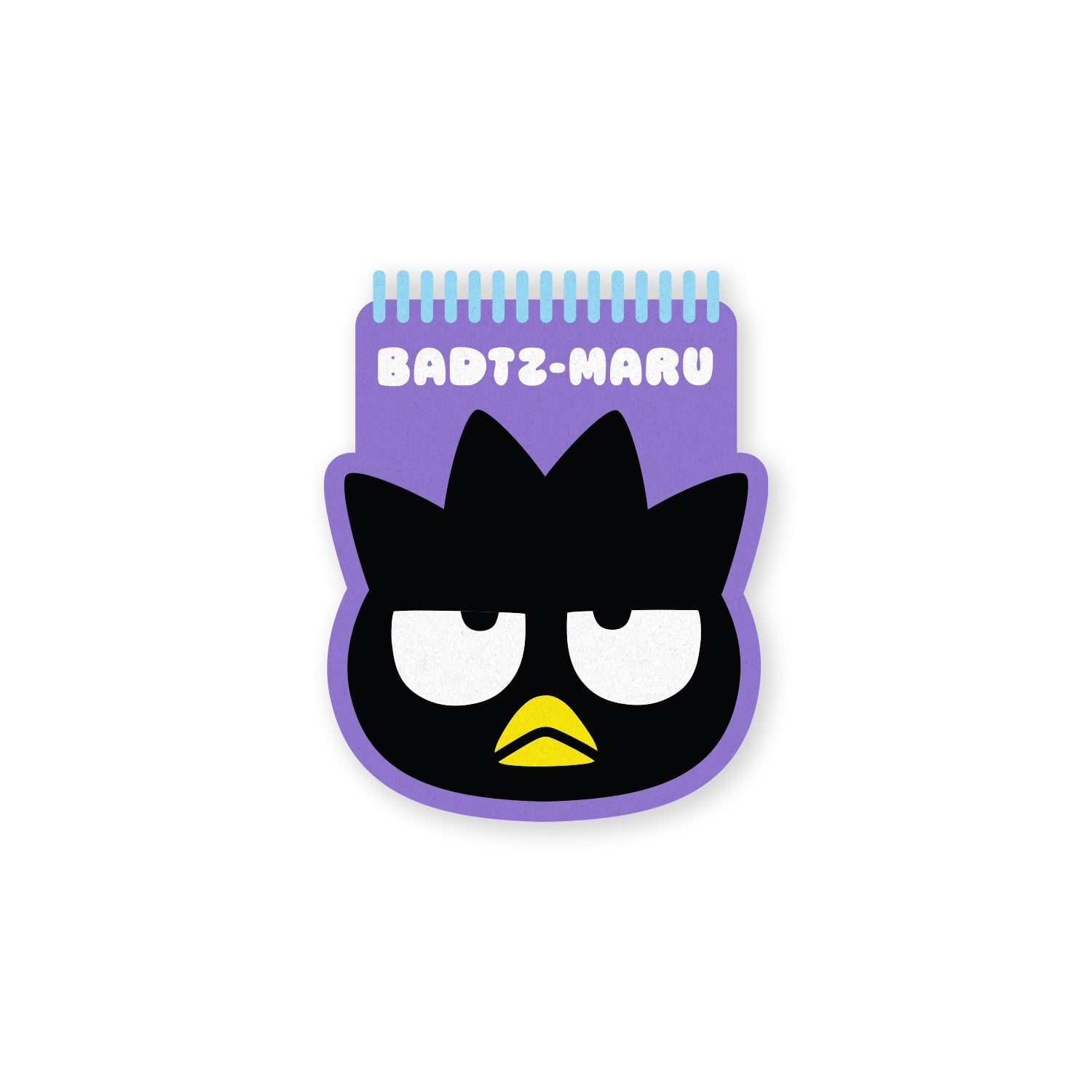A cartoon character notepad featuring the face of Badtz-Maru in black with a yellow beak and white eyes, set against a purple cover with a light blue spiral binding. The text 'BADTZ-MARU' is printed in white on the top.