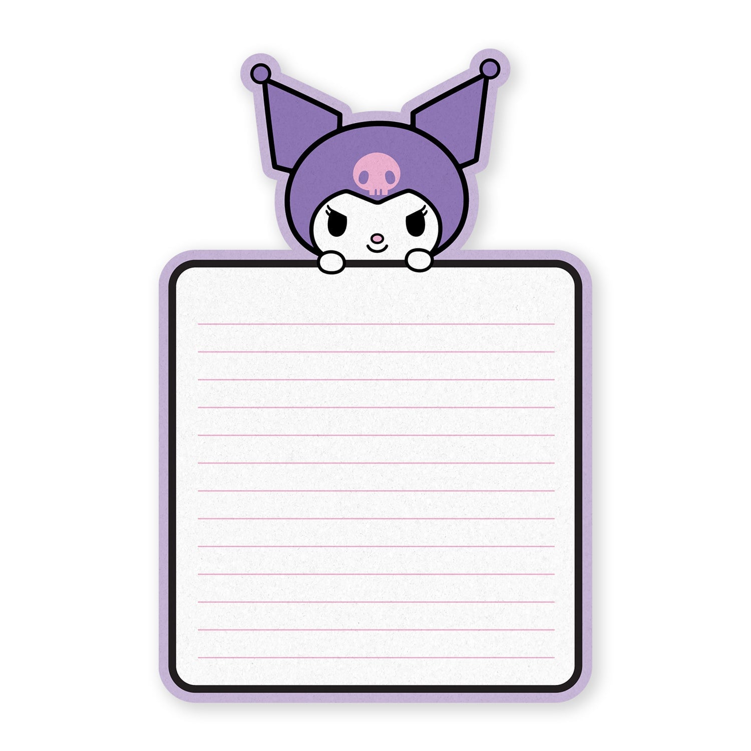 A Kuromi-themed lined notepad with a purple cartoon character peeking over the top, set against a plain white background.
