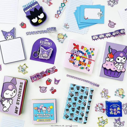 A flat-lay display of various Sanrio Hello Kitty stationery and accessory items, including notebooks, sticky notes, washi tapes, stickers, and a small box, arranged on a white background.